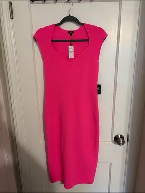 Express Bright Fuchsia Midi V-Neck Cap Sleeve Dress